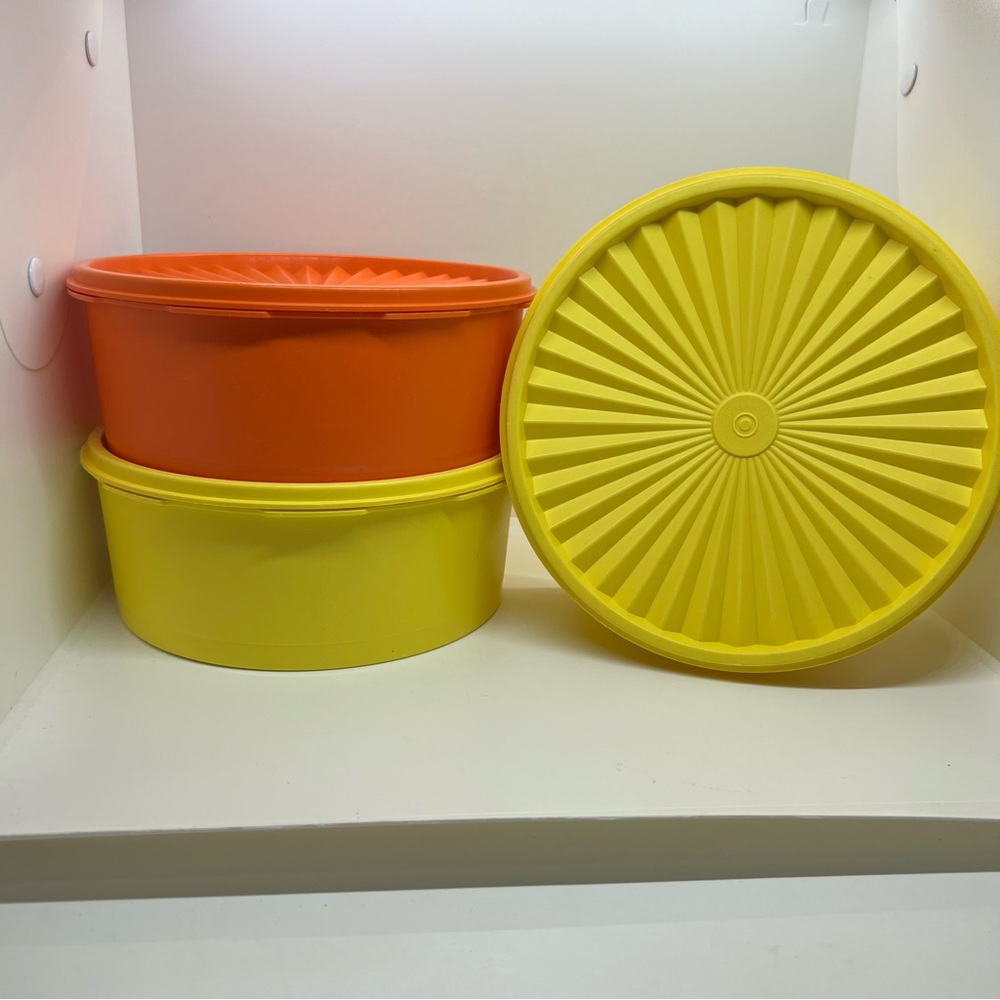 Three Tupperware Servalier Containers, orange & yellow